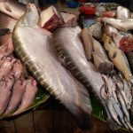 A seafood market display with a variety of fresh fish, including large silver fish, catfish, cut fish portions, and smaller fish, all arranged on a banana leaf. Other seafood is visible in the background, with buckets and trays holding additional items.