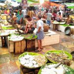 A bustling fish market with vendors and shoppers engaged in lively transactions. Various fish and seafood are displayed on banana leaves atop wooden stalls. The market is vibrant and crowded, with a mix of people wearing casual clothing and the ground is wet.