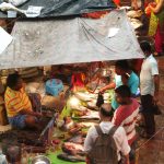 A bustling fish market with vendors selling fresh fish under tarps. Several people are examining and purchasing fish from the stalls. The ground is wet, indicating recent cleaning or rain. Various fish are laid out on tables and cutting boards.