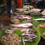 A market scene with multiple large green leaves topped with various types of fresh fish and seafood on display. Customers and vendors are visible in the background, some standing and engaging in activities. The environment looks bustling with market activity.