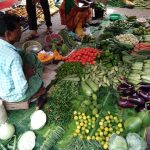 Two vendors, a man and a woman, selling an assortment of fresh vegetables at a busy outdoor market. The produce includes tomatoes, cabbage, eggplant, green beans, peppers, and more. The vegetables are displayed on green leaves on the ground.